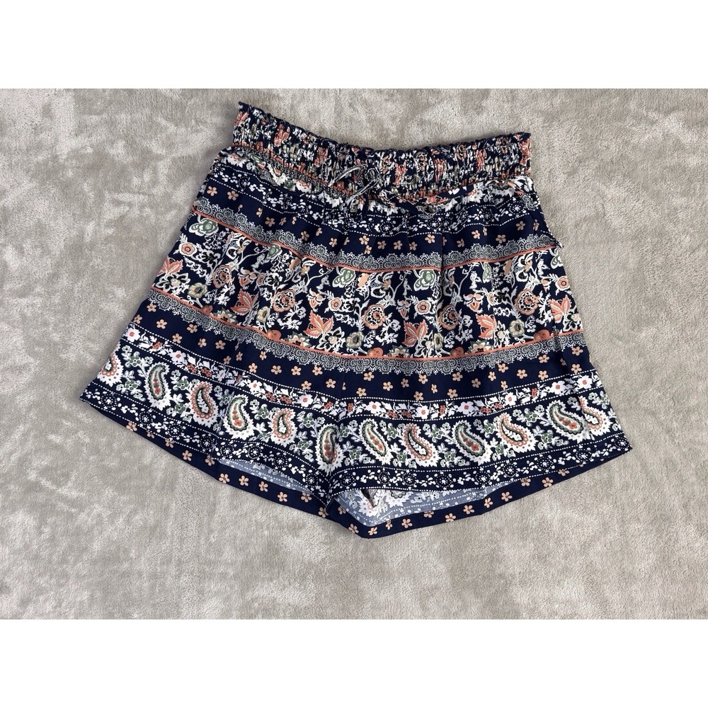 CUPSHE Women's Boho Floral Paisley Shorts NWT Navy Blue Elastic Waist‎ Size S